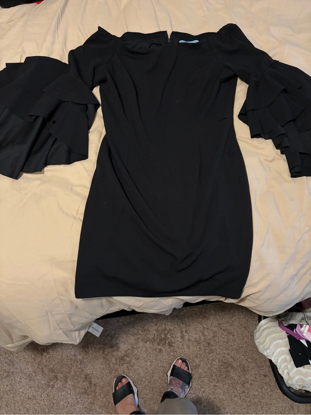 ANTONIO MELANI off the shoulder Black Ruffle-Sleeve Mini Dress